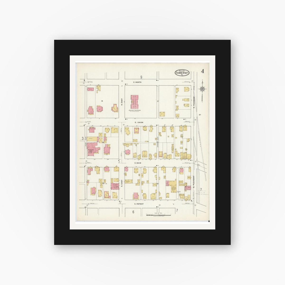 Old map wall art mockup — black gallery frame with white mat — Sanborn Fire Insurance Map from Somerset, Somerset County, Pennsylvania (1917), Sheet #0004