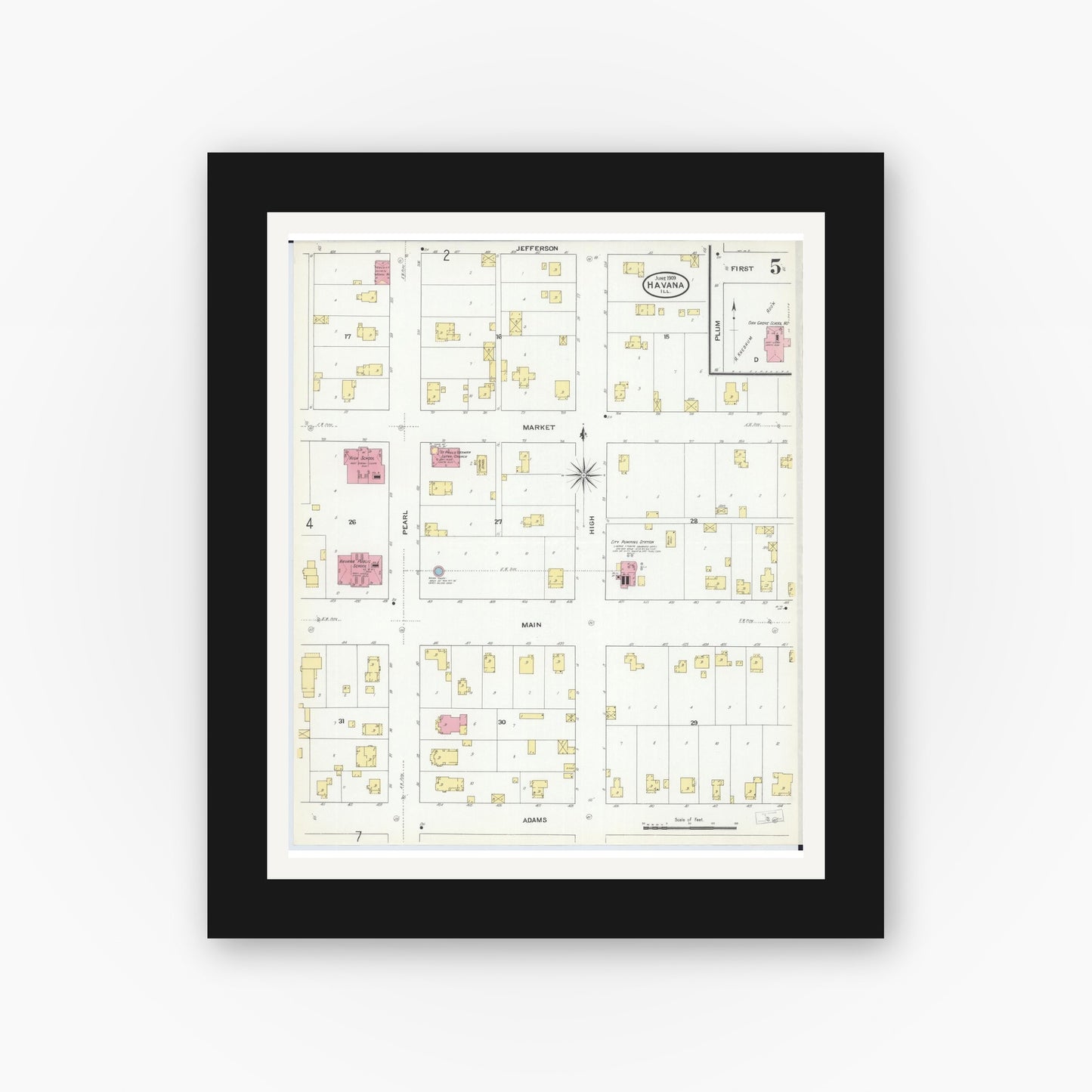 Old map wall art mockup — black gallery frame with white mat — Sanborn Fire Insurance Map from Havana, Mason County, Illinois (1909), Sheet #0005