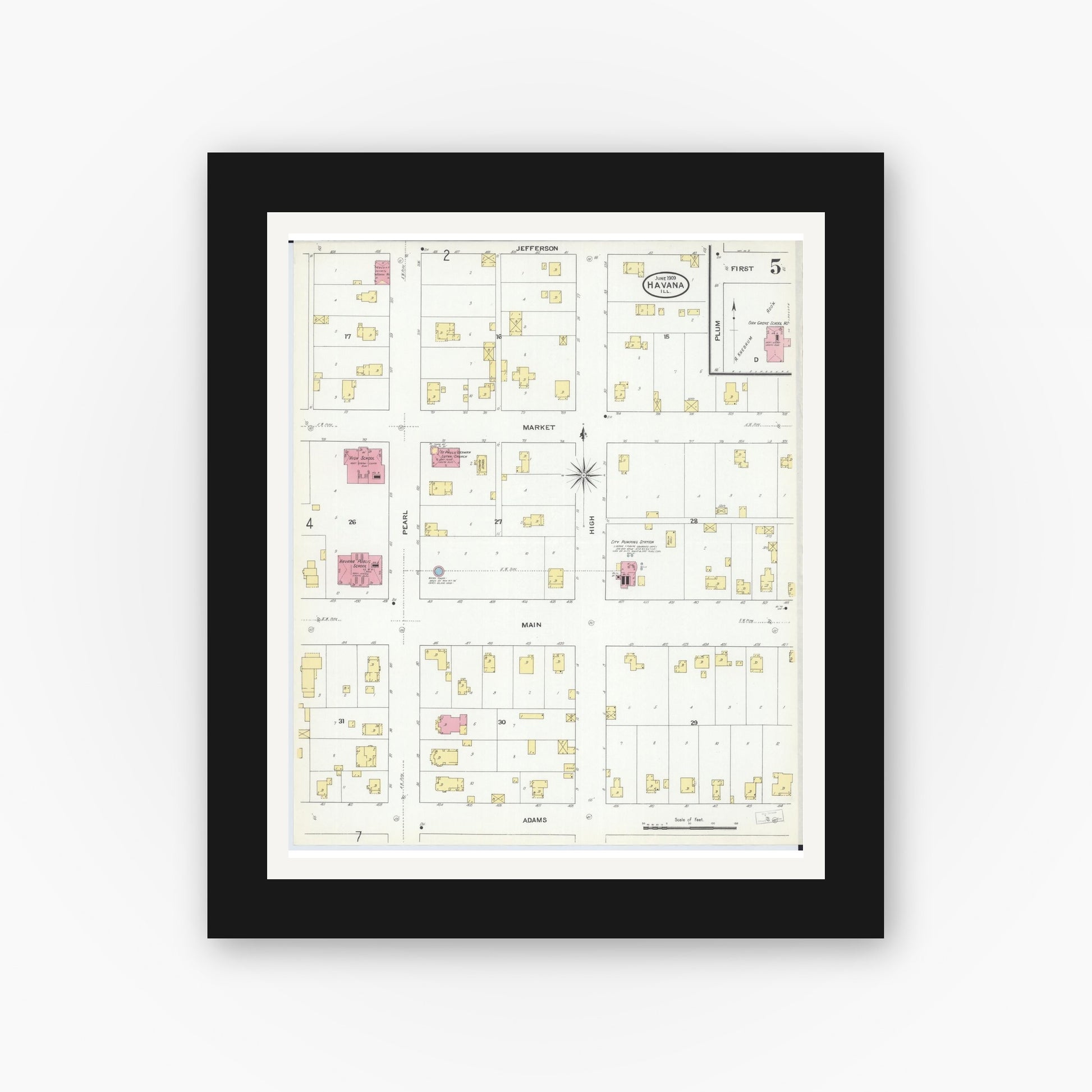 Old map wall art mockup — black gallery frame with white mat — Sanborn Fire Insurance Map from Havana, Mason County, Illinois (1909), Sheet #0005