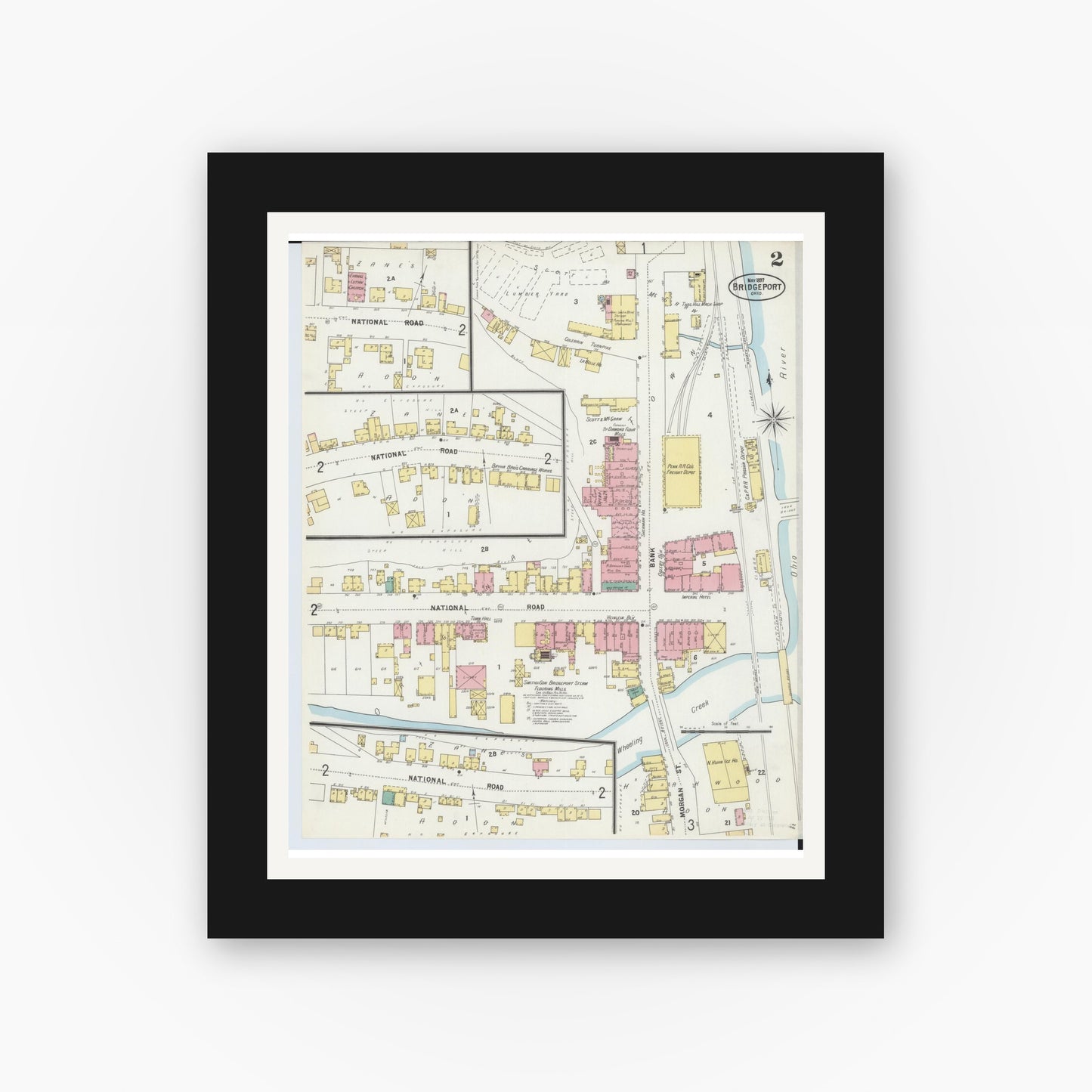 Old map wall art mockup — black gallery frame with white mat — Sanborn Fire Insurance Map from Bridgeport, Belmont County, Ohio (1897), Sheet #0002