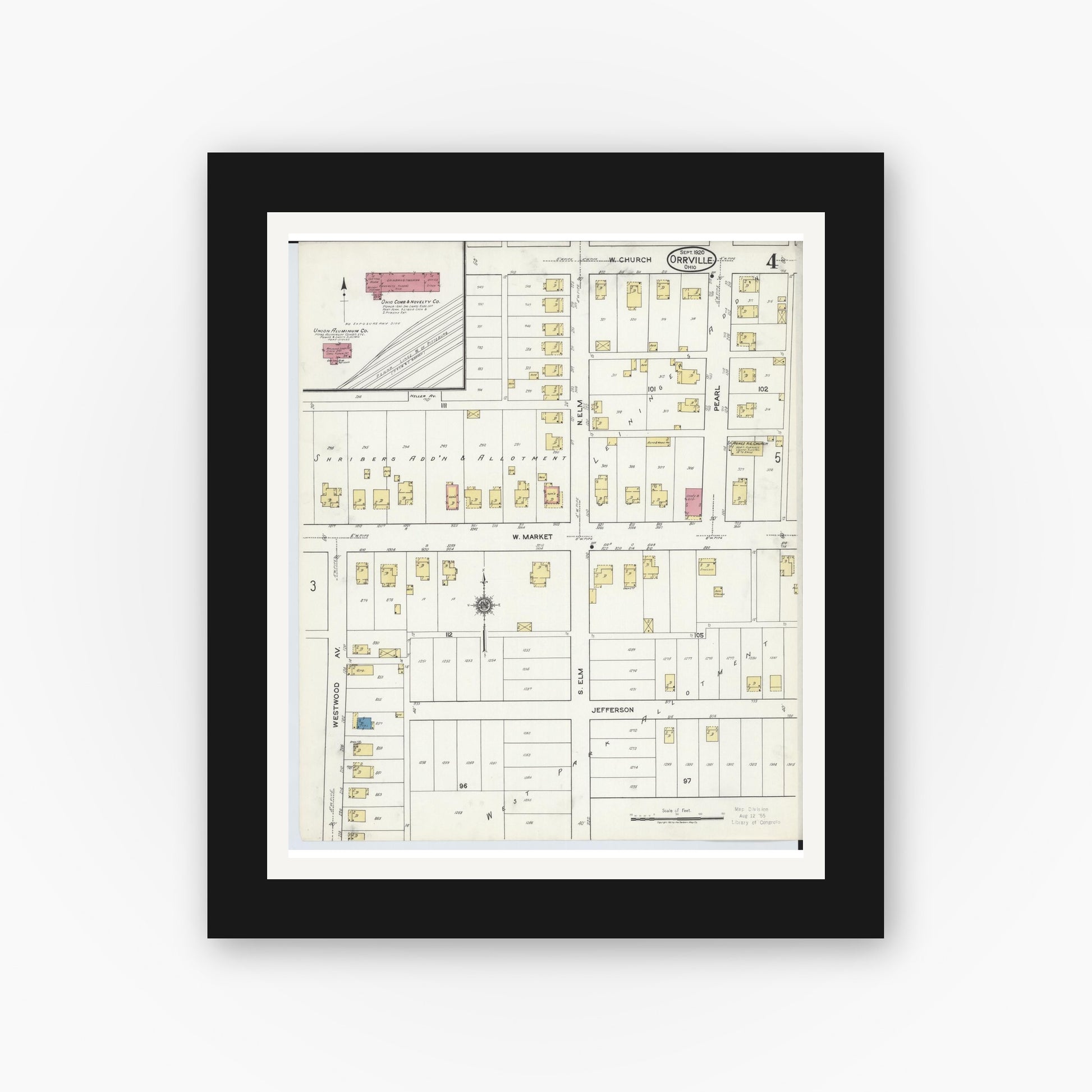 Old map wall art mockup — black gallery frame with white mat — Sanborn Fire Insurance Map from Orrville, Wayne County, Ohio (1920), Sheet #0004