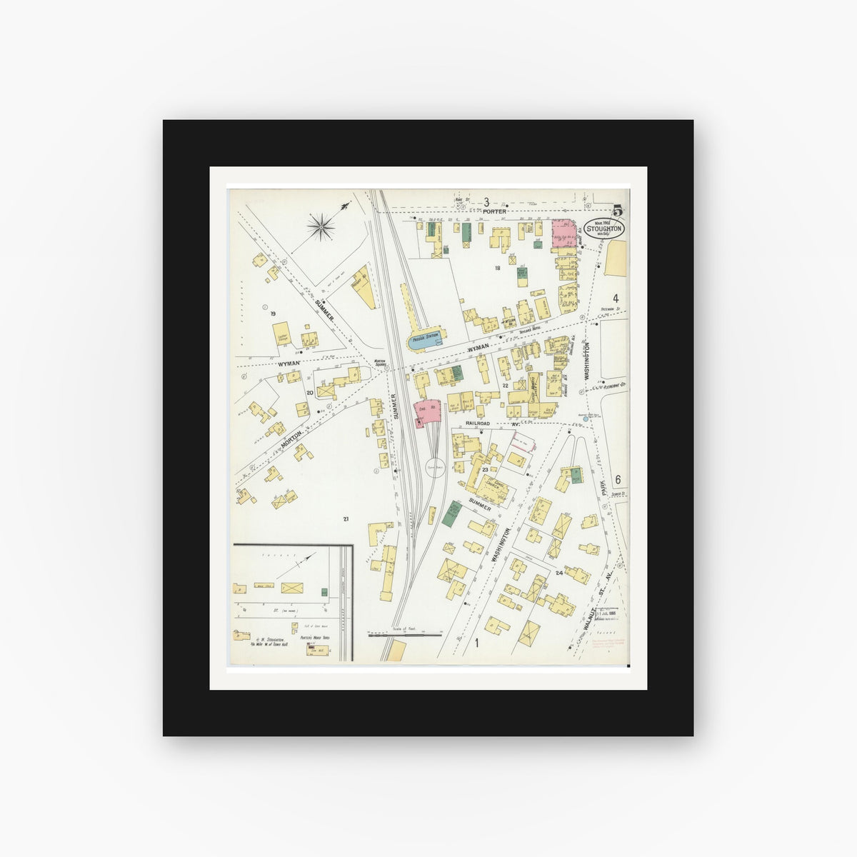 Old map wall art mockup — black gallery frame with white mat — Sanborn Fire Insurance Map from Stoughton, Norfolk County, Massachusetts (1901), Sheet #0005