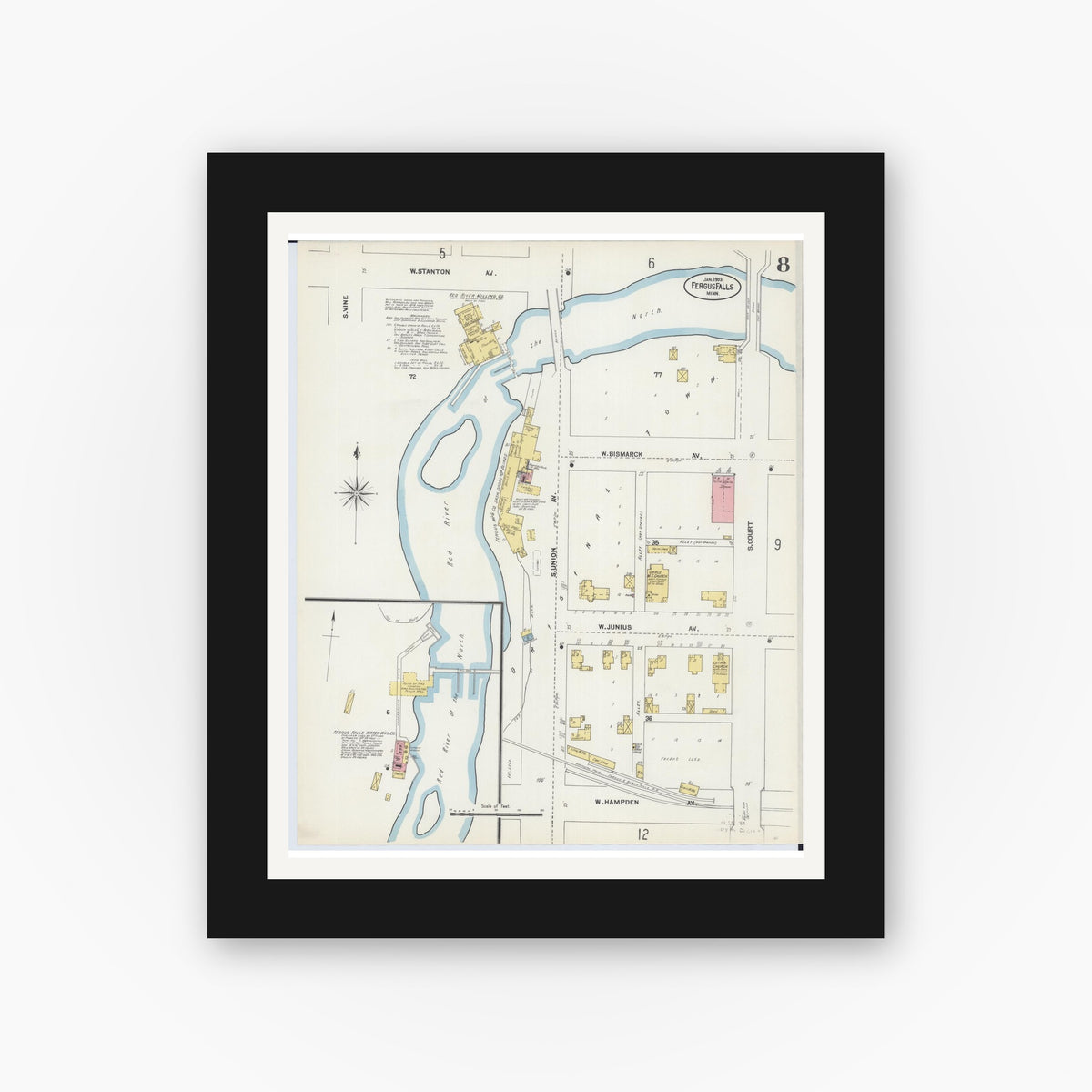 Old map wall art mockup — black gallery frame with white mat — Sanborn Fire Insurance Map from Fergus Falls, Otter Tail County, Minnesota (1903), Sheet #0008