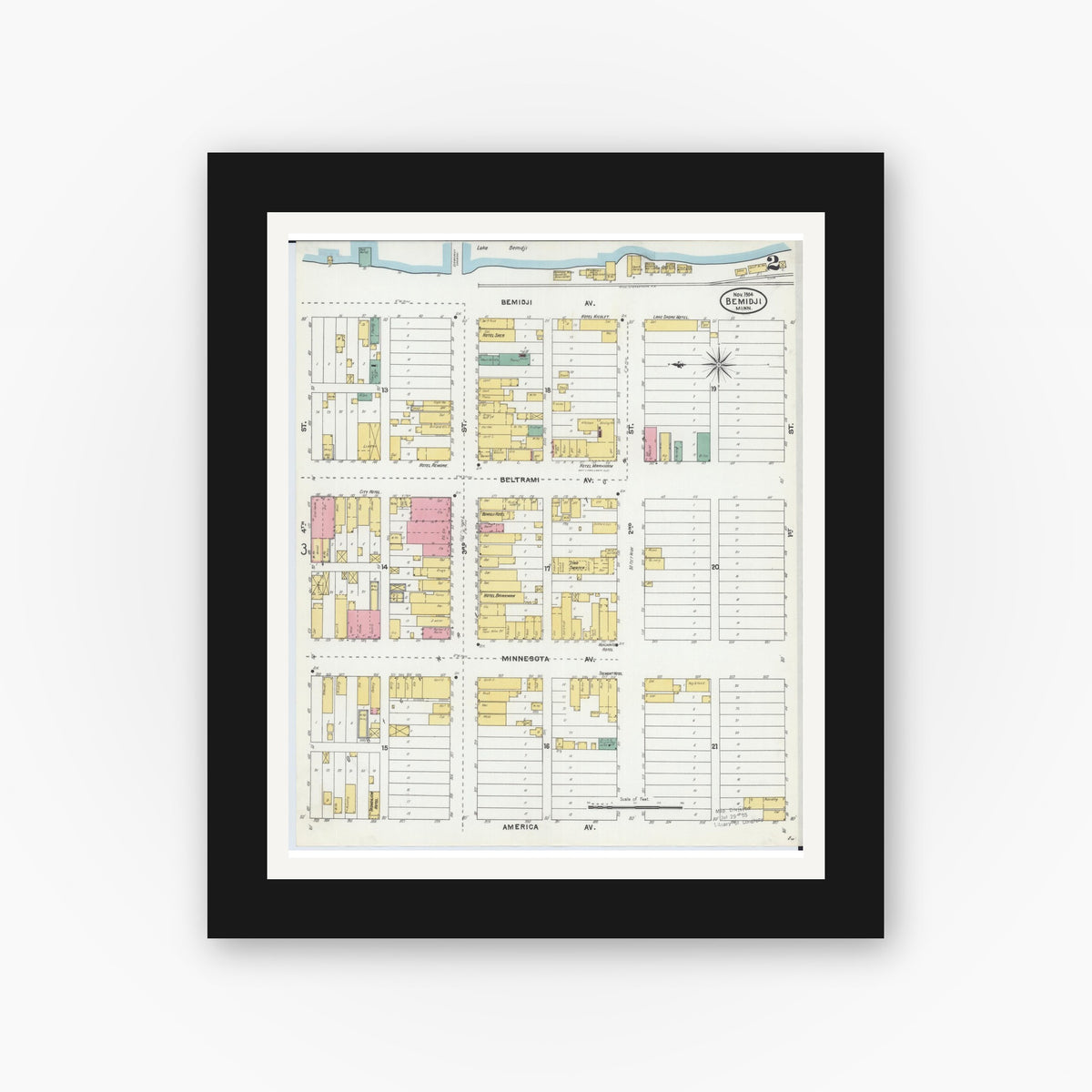 Old map wall art mockup — black gallery frame with white mat — Sanborn Fire Insurance Map from Bemidji, Beltrami County, Minnesota (1904), Sheet #0002