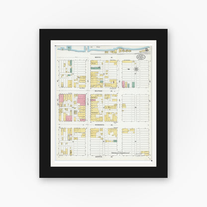 Old map wall art mockup — black gallery frame with white mat — Sanborn Fire Insurance Map from Bemidji, Beltrami County, Minnesota (1904), Sheet #0002
