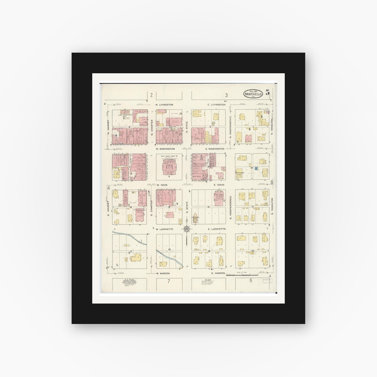 Old map wall art mockup — black gallery frame with white mat — Sanborn Fire Insurance Map from Monticello, Piatt County, Illinois (1915), Sheet #0005