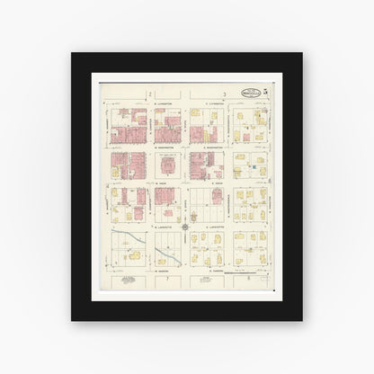 Old map wall art mockup — black gallery frame with white mat — Sanborn Fire Insurance Map from Monticello, Piatt County, Illinois (1915), Sheet #0005