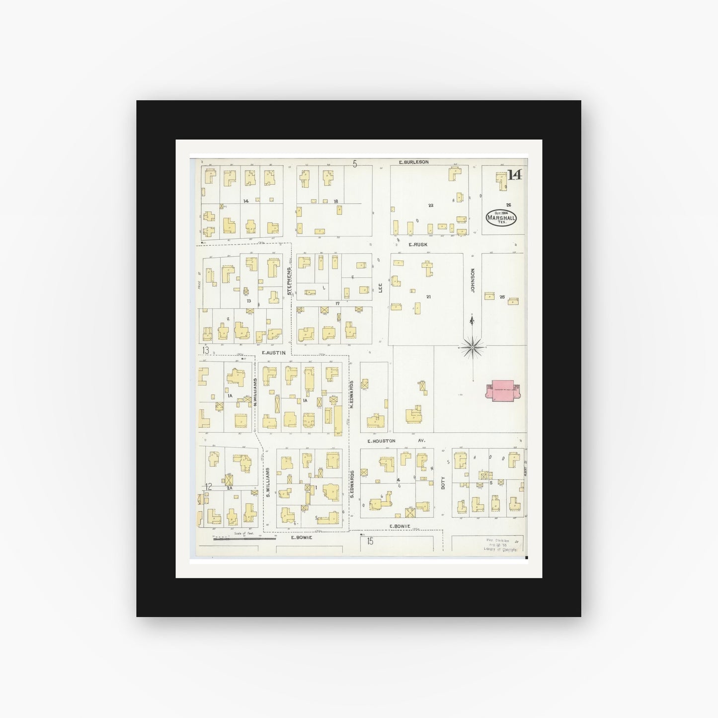 Old map wall art mockup — black gallery frame with white mat — Sanborn Fire Insurance Map from Marshall, Harrison County, Texas (1904), Sheet #0014