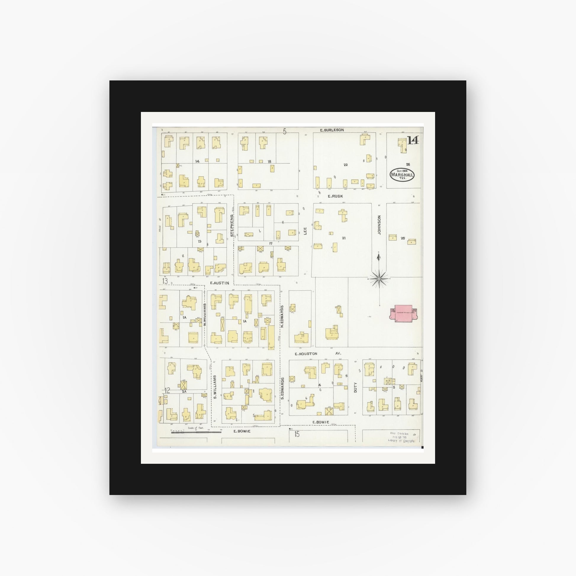 Old map wall art mockup — black gallery frame with white mat — Sanborn Fire Insurance Map from Marshall, Harrison County, Texas (1904), Sheet #0014