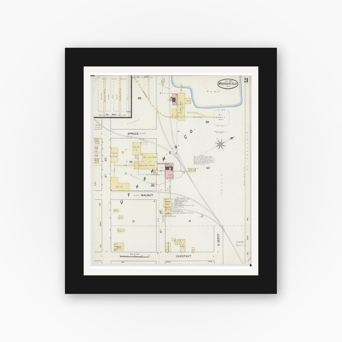Old map wall art mockup — black gallery frame with white mat — Sanborn Fire Insurance Map from Marshfield, Wood County, Wisconsin (1887), Sheet #0003