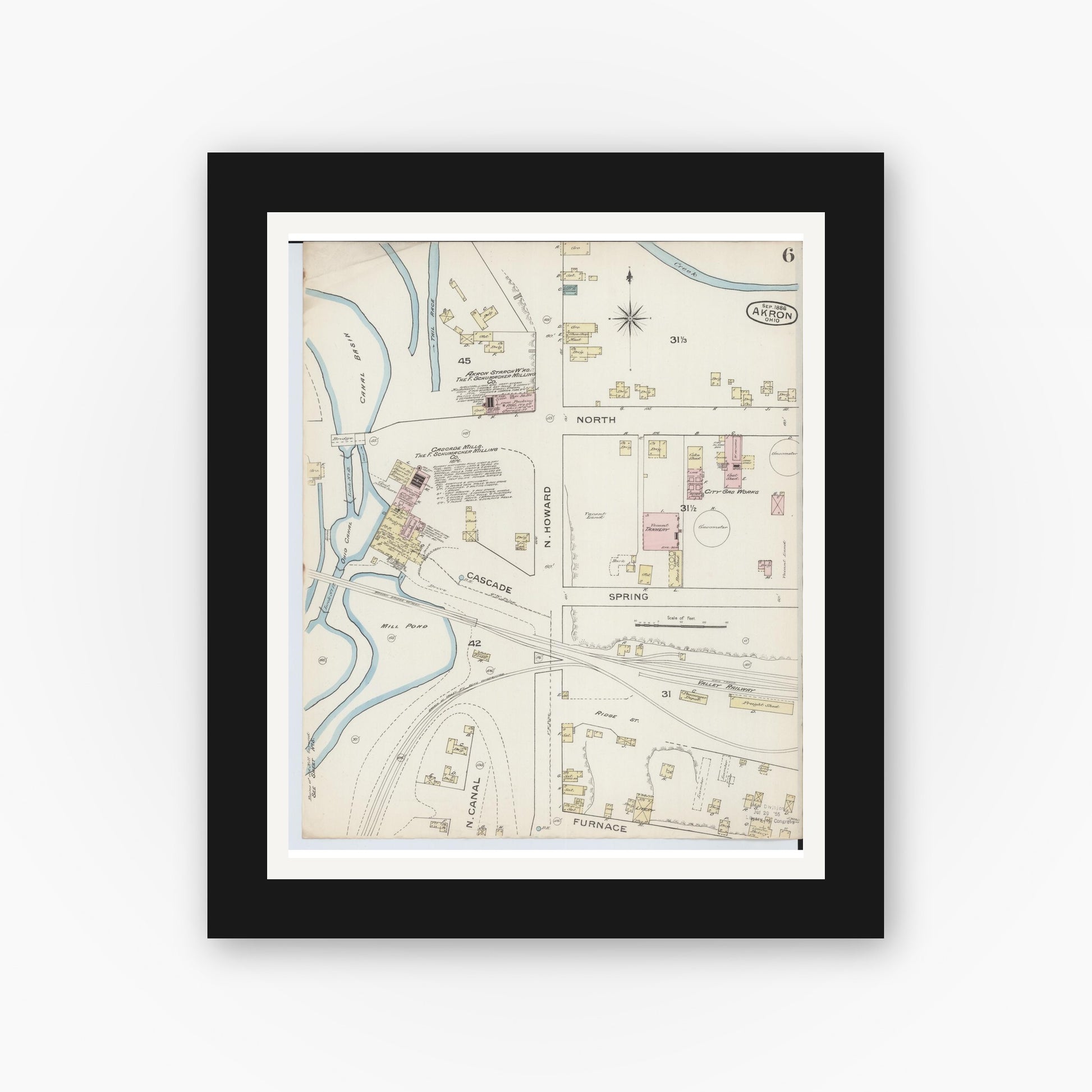 Old map wall art mockup — black gallery frame with white mat — Sanborn Fire Insurance Map from Akron, Summit County, Ohio (1886), Sheet #0006