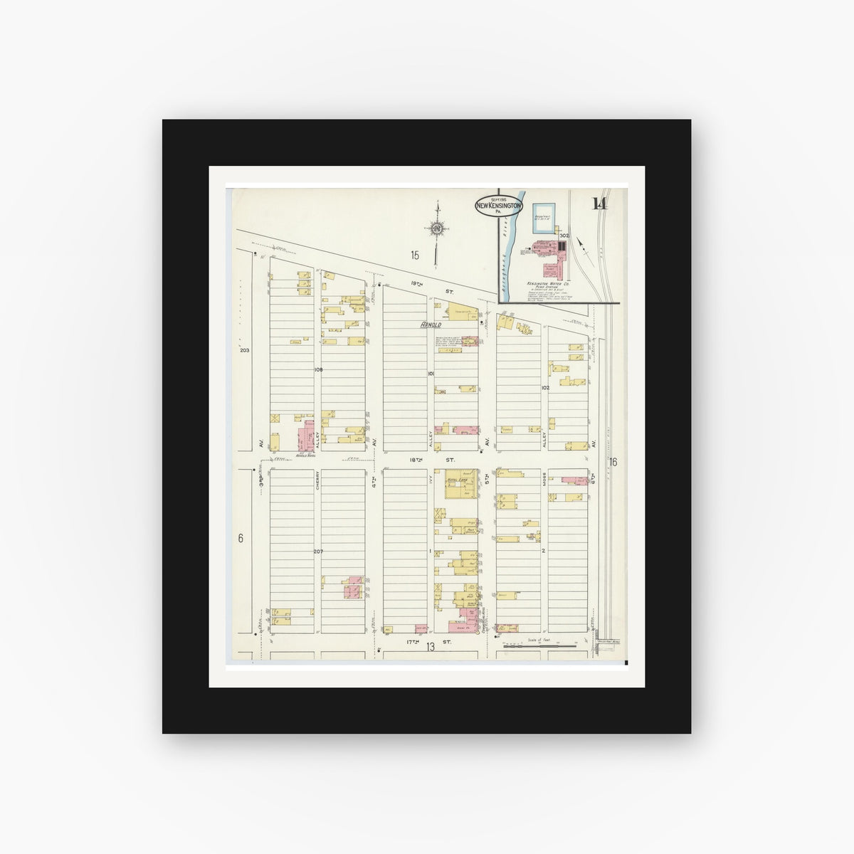 Old map wall art mockup — black gallery frame with white mat — Sanborn Fire Insurance Map from New Kensington, Westmoreland County, Pennsylvania (1915), Sheet #0014