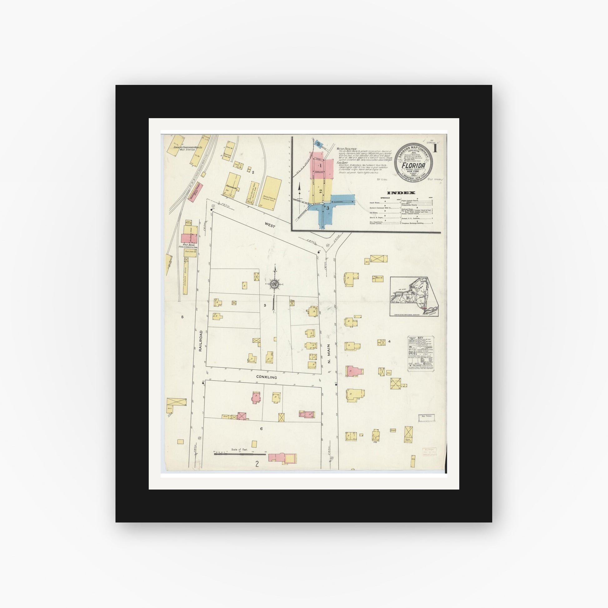 Old map wall art mockup — black gallery frame with white mat — Sanborn Fire Insurance Map from Florida, Orange County, New York (1915) - Complete Map Set