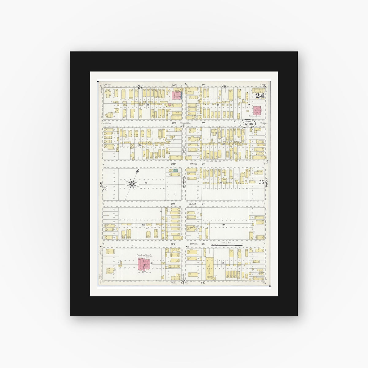 Old map wall art mockup — black gallery frame with white mat — Sanborn Fire Insurance Map from Cairo, Alexander County, Illinois (1907), Sheet #0024
