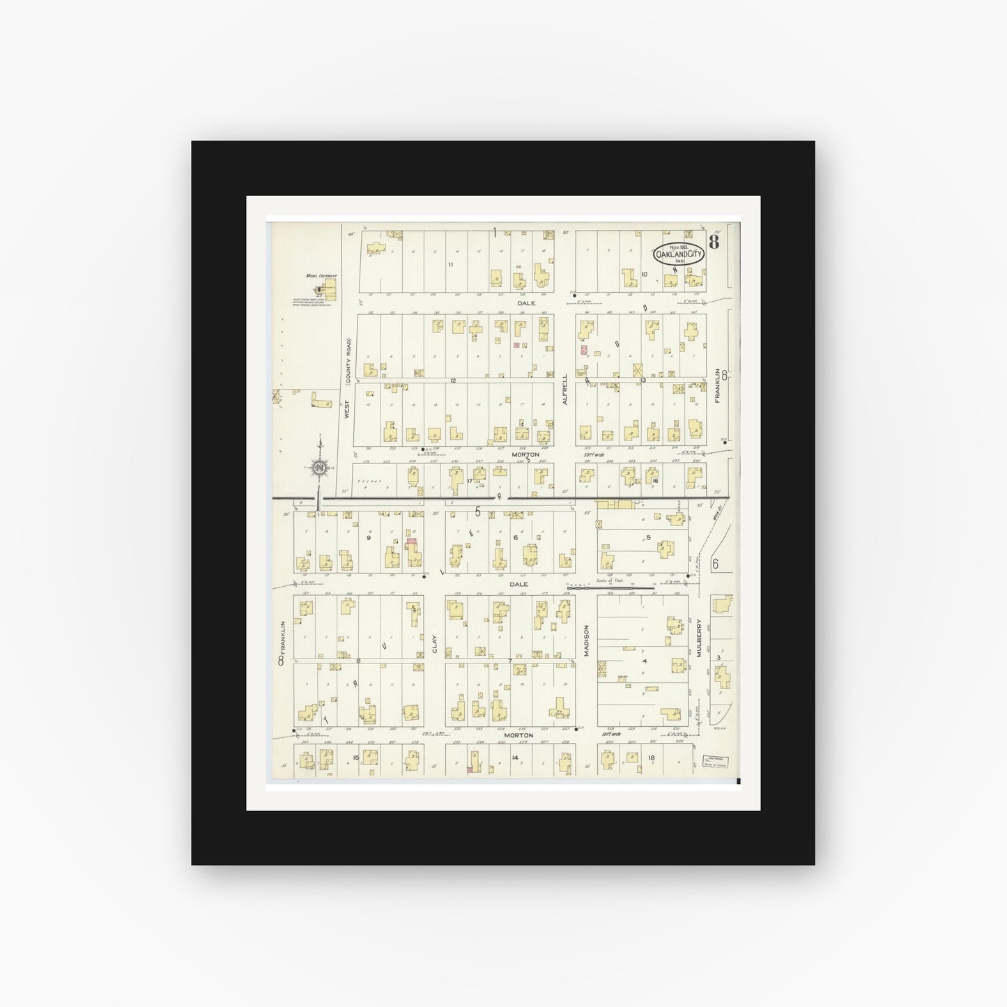 Old map wall art mockup — black gallery frame with white mat — Sanborn Fire Insurance Map from Oakland City, Gibson County, Indiana (1913), Sheet #0008