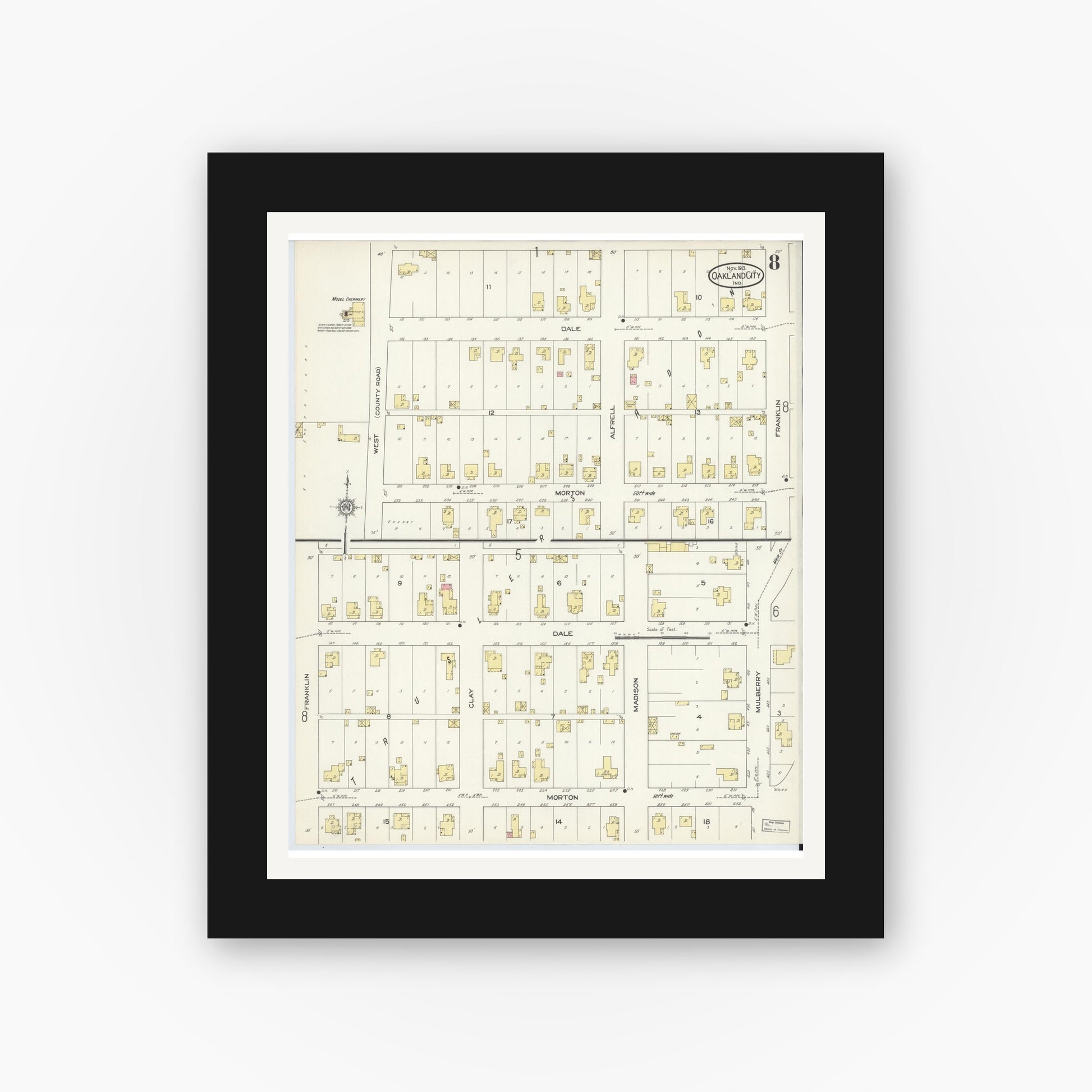 Old map wall art mockup — black gallery frame with white mat — Sanborn Fire Insurance Map from Oakland City, Gibson County, Indiana (1913), Sheet #0008