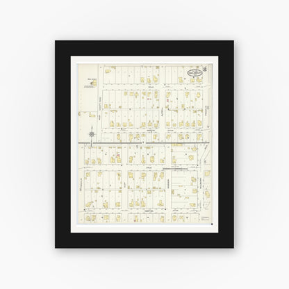 Old map wall art mockup — black gallery frame with white mat — Sanborn Fire Insurance Map from Oakland City, Gibson County, Indiana (1913), Sheet #0008