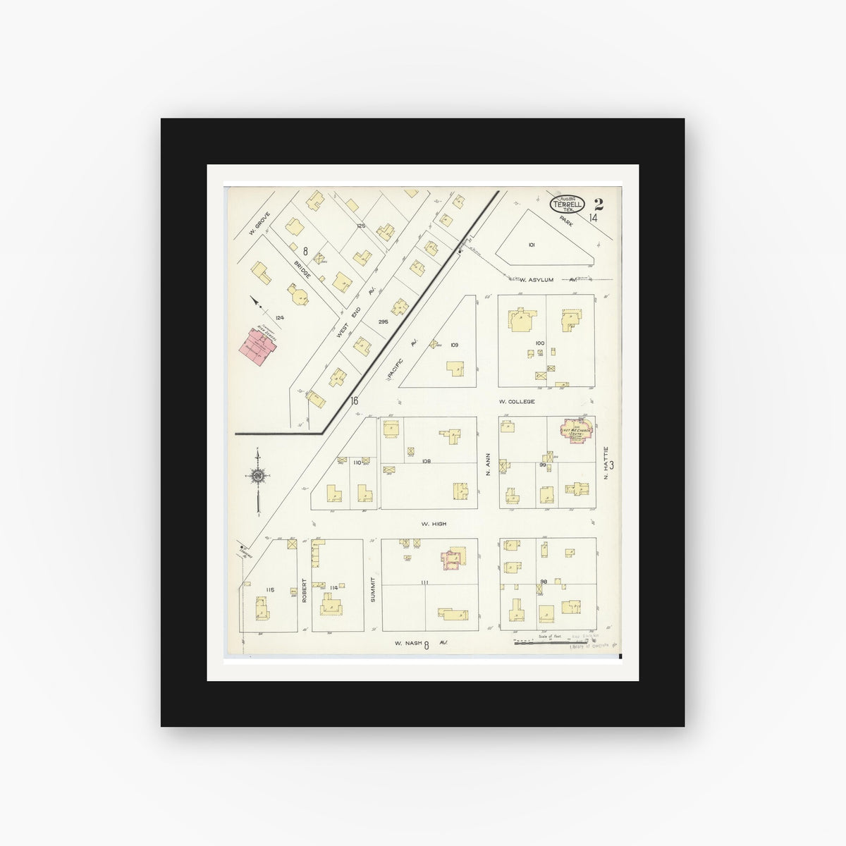 Old map wall art mockup — black gallery frame with white mat — Sanborn Fire Insurance Map from Terrell, Kaufman County, Texas (1914), Sheet #0002