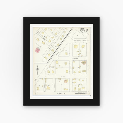 Old map wall art mockup — black gallery frame with white mat — Sanborn Fire Insurance Map from Terrell, Kaufman County, Texas (1914), Sheet #0002