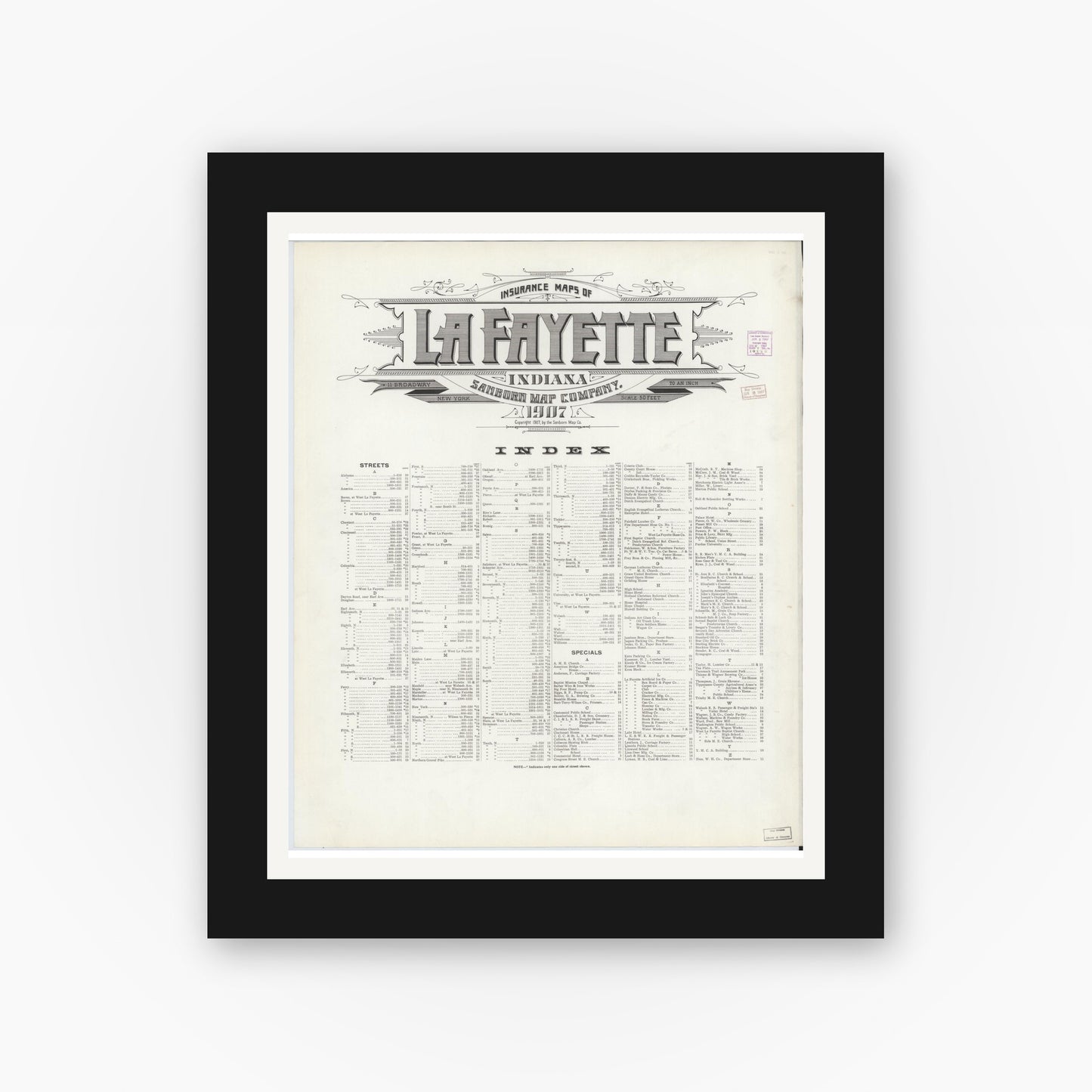 Old map wall art mockup — black gallery frame with white mat — Sanborn Fire Insurance Map from Lafayette, Tippecanoe County, Indiana (1907), Sheet #0001