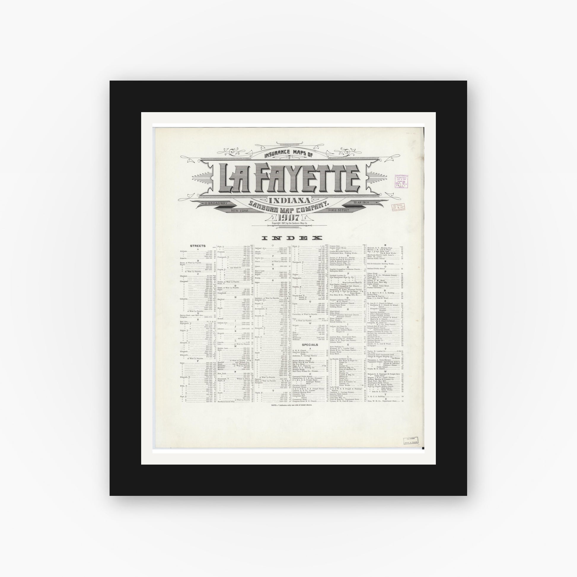 Old map wall art mockup — black gallery frame with white mat — Sanborn Fire Insurance Map from Lafayette, Tippecanoe County, Indiana (1907), Sheet #0001
