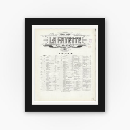 Old map wall art mockup — black gallery frame with white mat — Sanborn Fire Insurance Map from Lafayette, Tippecanoe County, Indiana (1907), Sheet #0001
