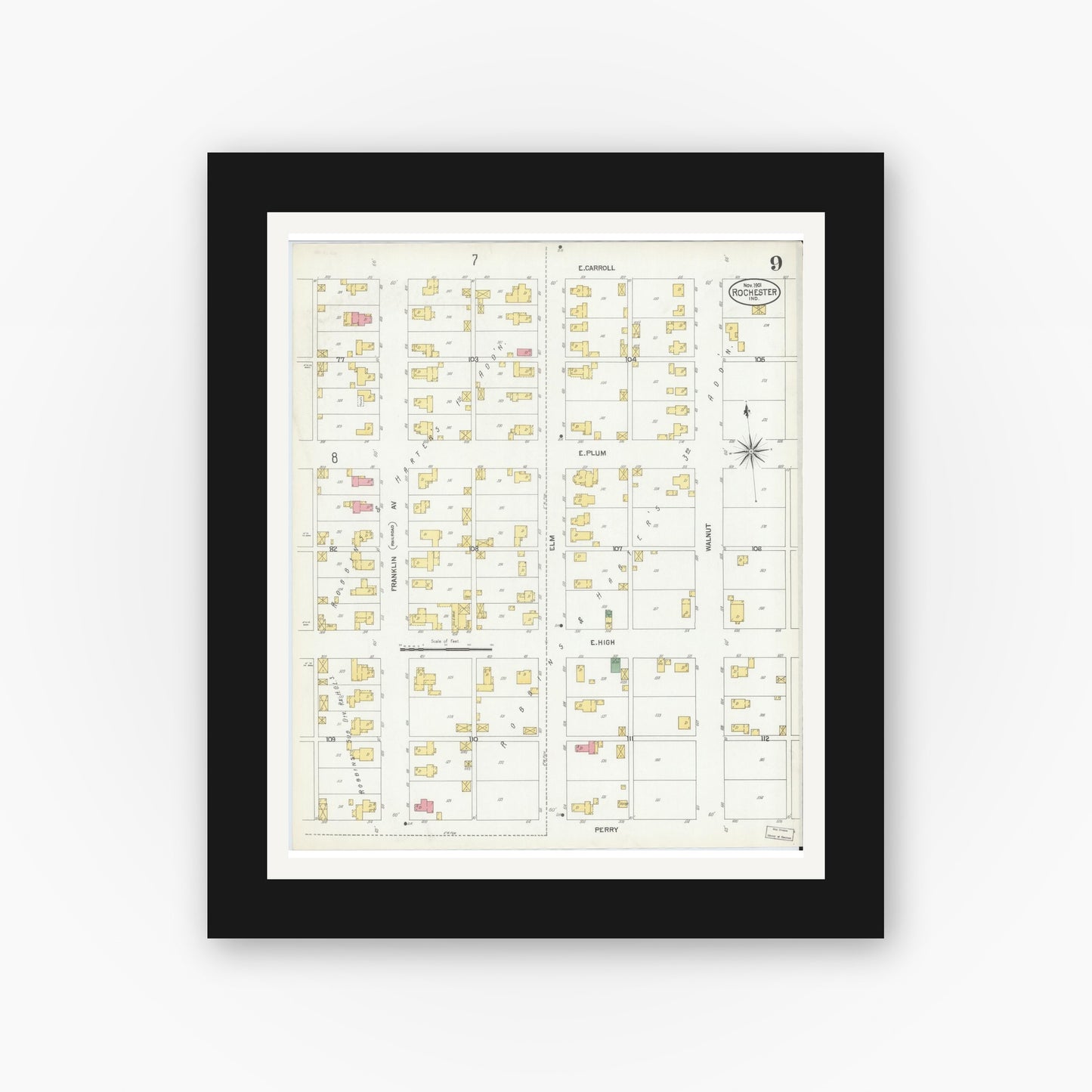 Old map wall art mockup — black gallery frame with white mat — Sanborn Fire Insurance Map from Rochester, Fulton County, Indiana (1901), Sheet #0009