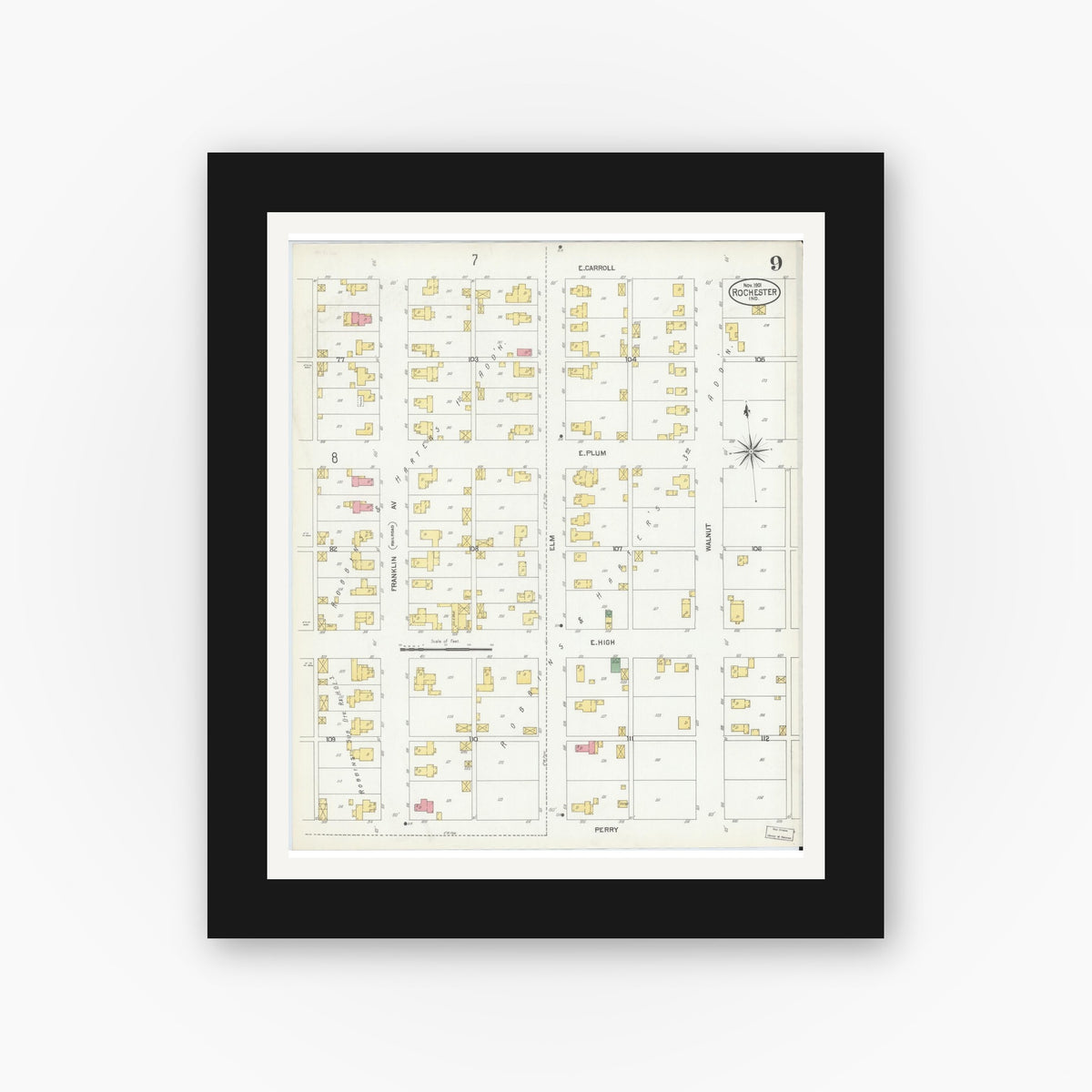 Old map wall art mockup — black gallery frame with white mat — Sanborn Fire Insurance Map from Rochester, Fulton County, Indiana (1901), Sheet #0009