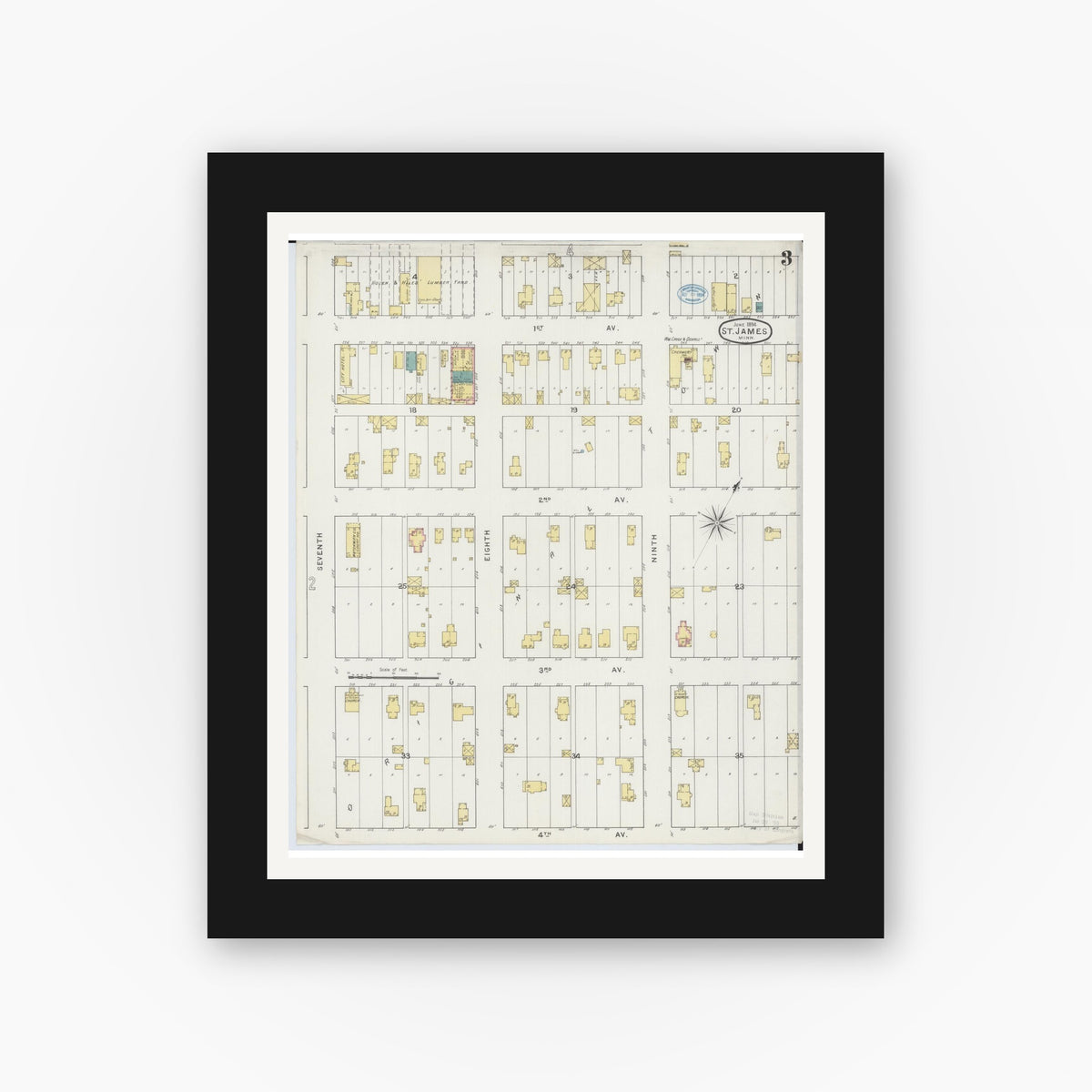 Old map wall art mockup — black gallery frame with white mat — Sanborn Fire Insurance Map from Saint James, Watonwan County, Minnesota (1894), Sheet #0003