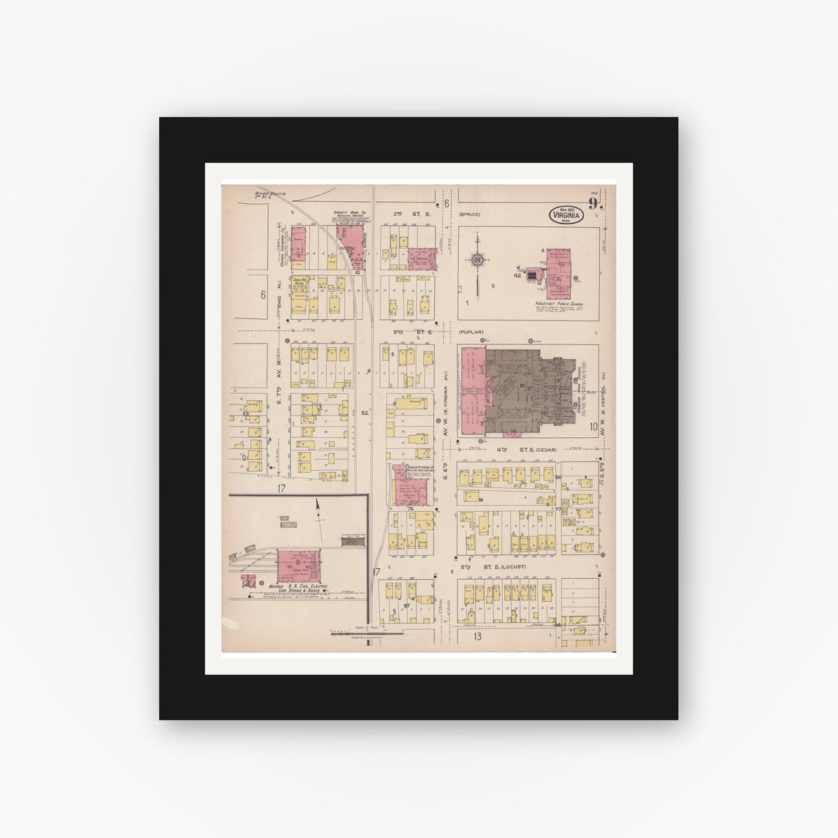 Old map wall art mockup — black gallery frame with white mat — Sanborn Fire Insurance Map from Virginia, Saint Louis County, Minnesota (1921), Sheet #0009