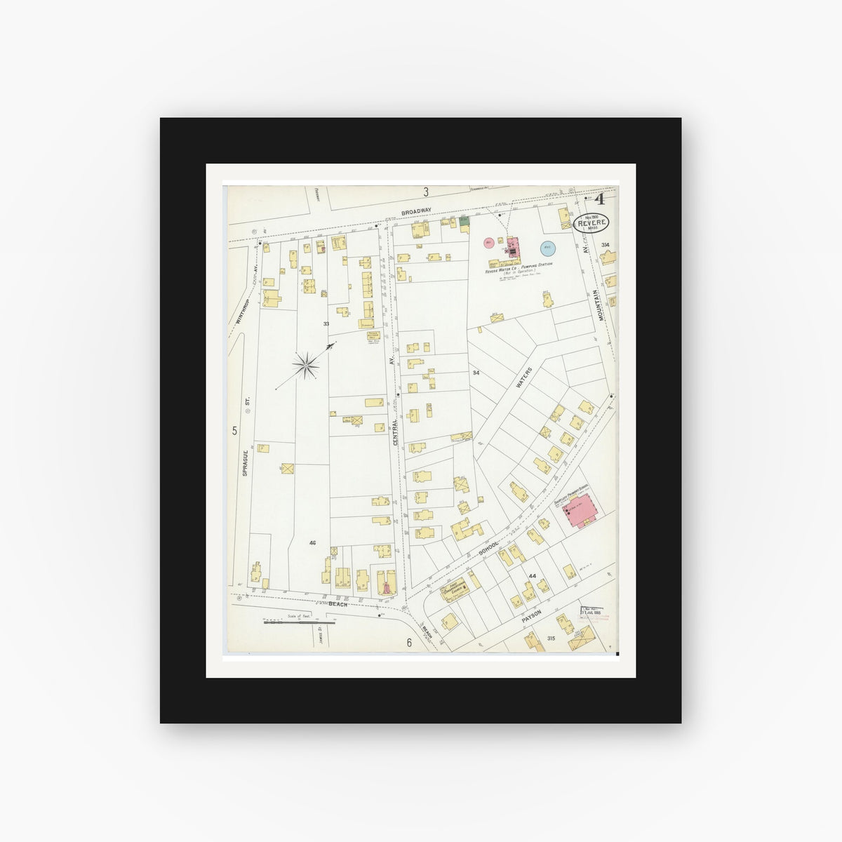 Old map wall art mockup — black gallery frame with white mat — Sanborn Fire Insurance Map from Revere, Suffolk County, Massachusetts (1900), Sheet #0004