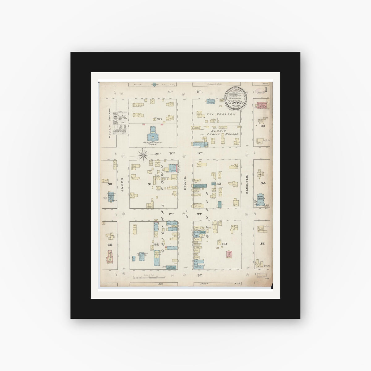 Old map wall art mockup — black gallery frame with white mat — Sanborn Fire Insurance Map from Geneva, Kane County, Illinois (1885) - Complete Map Set