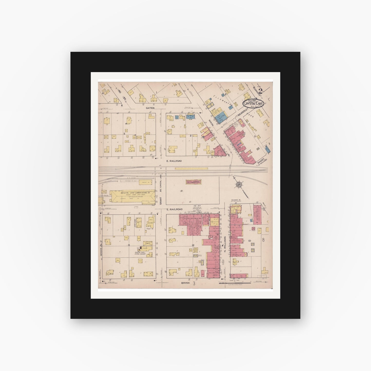 Old map wall art mockup — black gallery frame with white mat — Sanborn Fire Insurance Map from Crystal Lake, McHenry County, Illinois (1921), Sheet #0002