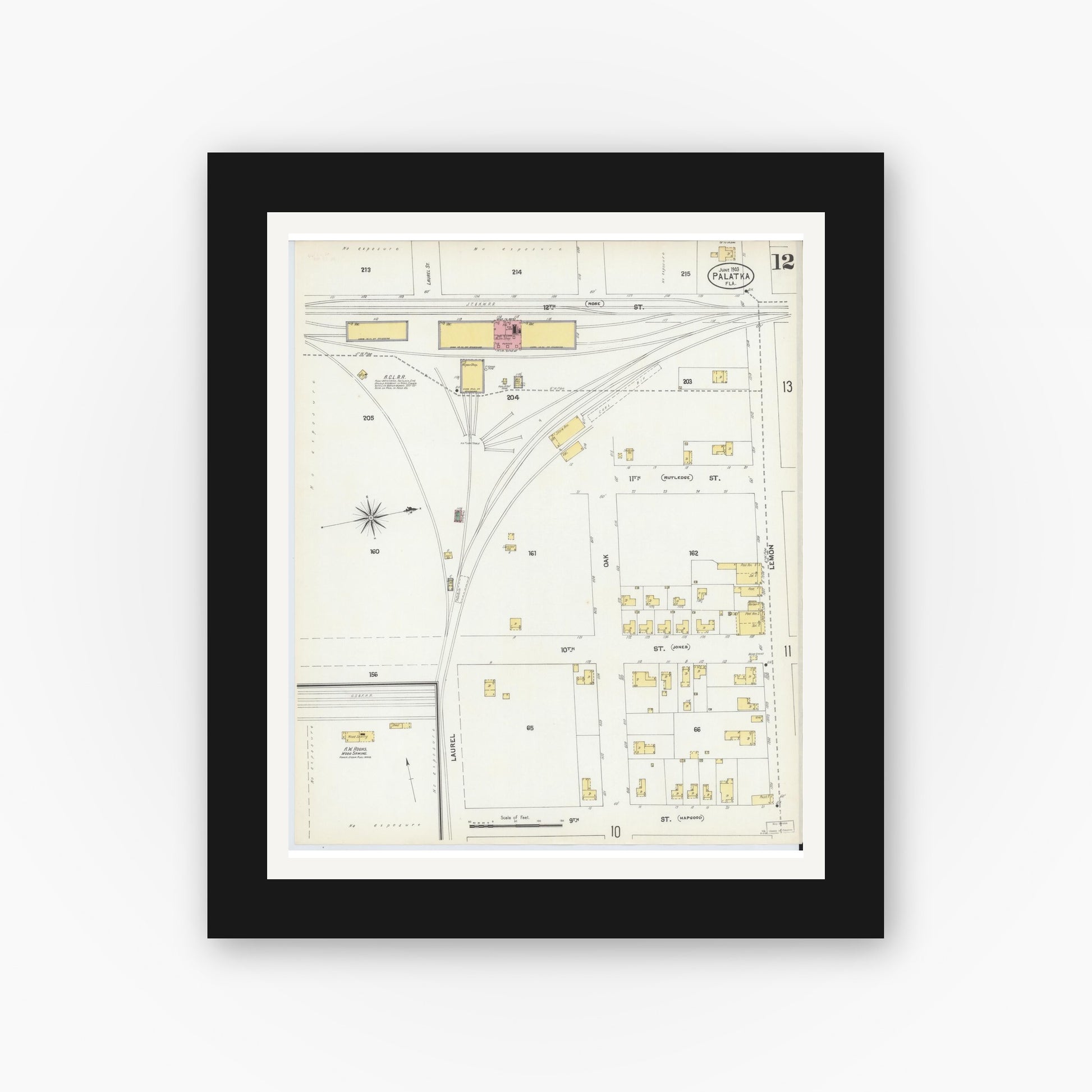 Old map wall art mockup — black gallery frame with white mat — Sanborn Fire Insurance Map from Palatka, Putnam County, Florida (1903), Sheet #0012
