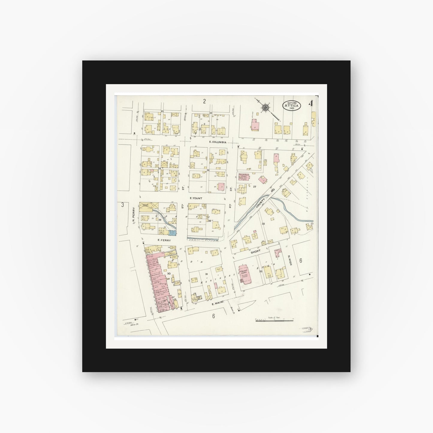 Old map wall art mockup — black gallery frame with white mat — Sanborn Fire Insurance Map from Attica, Fountain County, Indiana (1910), Sheet #0004