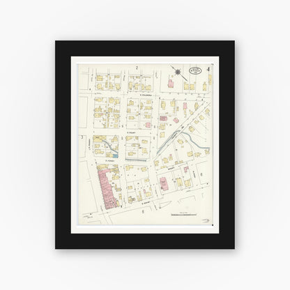 Old map wall art mockup — black gallery frame with white mat — Sanborn Fire Insurance Map from Attica, Fountain County, Indiana (1910), Sheet #0004
