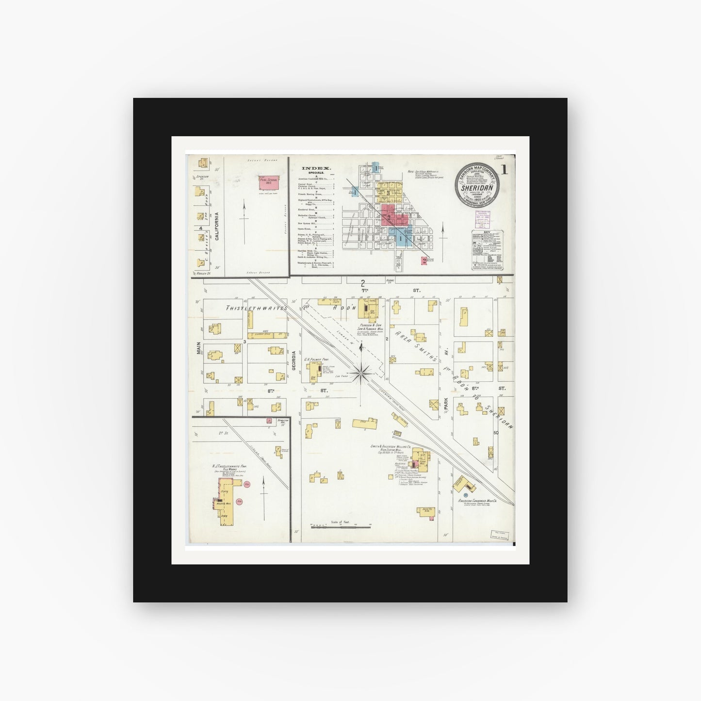 Old map wall art mockup — black gallery frame with white mat — Sanborn Fire Insurance Map from Sheridan, Hamilton County, Indiana (1902), Sheet #0001