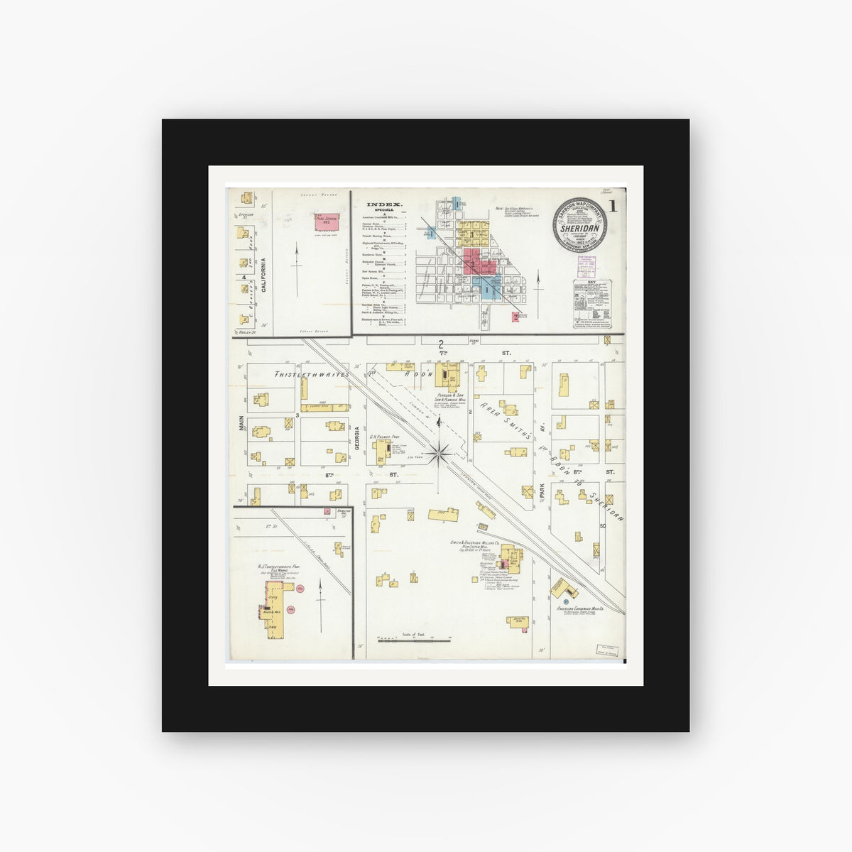 Old map wall art mockup — black gallery frame with white mat — Sanborn Fire Insurance Map from Sheridan, Hamilton County, Indiana (1902), Sheet #0001