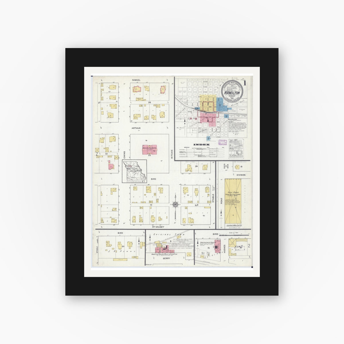 Old map wall art mockup — black gallery frame with white mat — Sanborn Fire Insurance Map from Hamilton, Caldwell County, Missouri (1916) - Complete Map Set