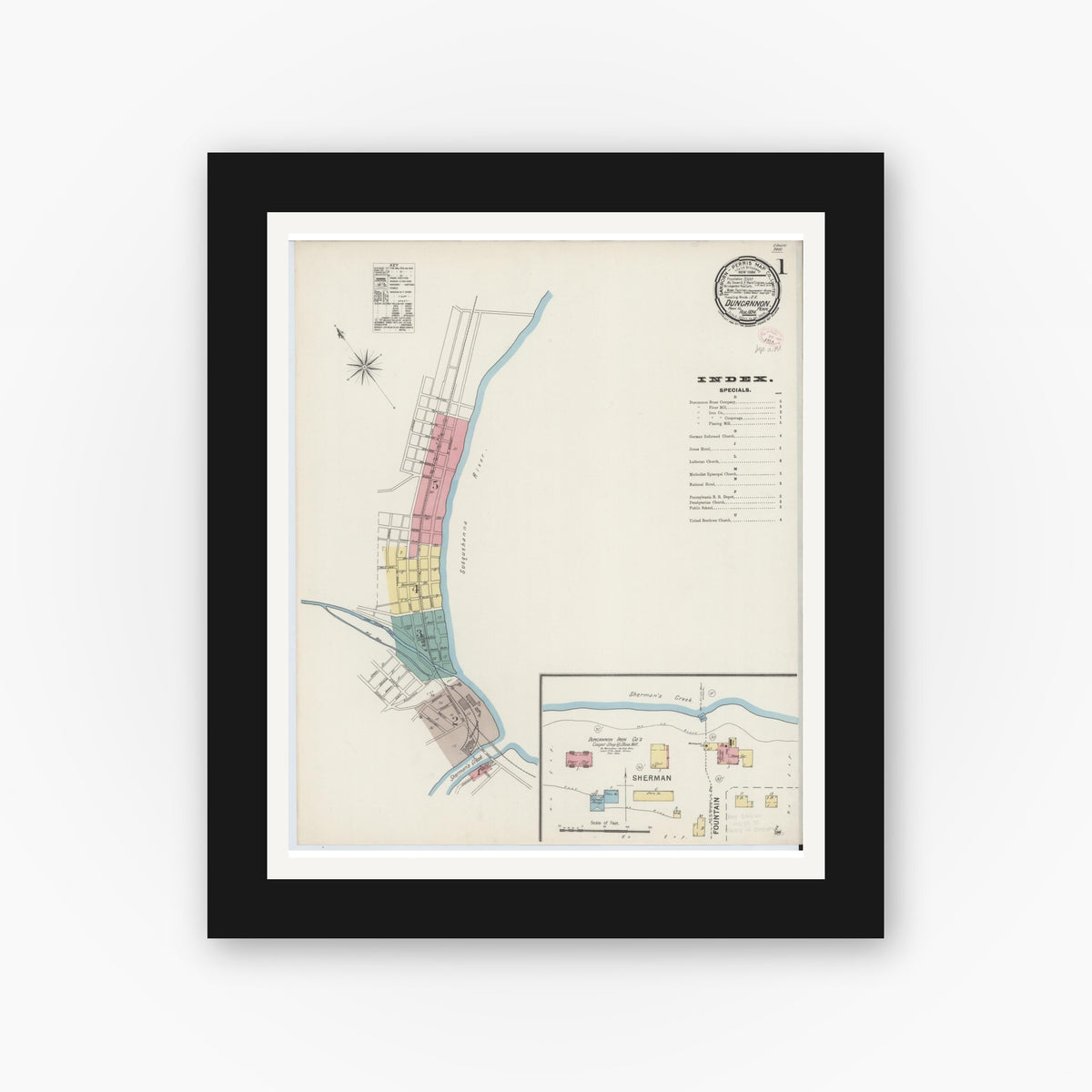 Old map wall art mockup — black gallery frame with white mat — Sanborn Fire Insurance Map from Duncannon, Perry County, Pennsylvania (1894) - Complete Map Set