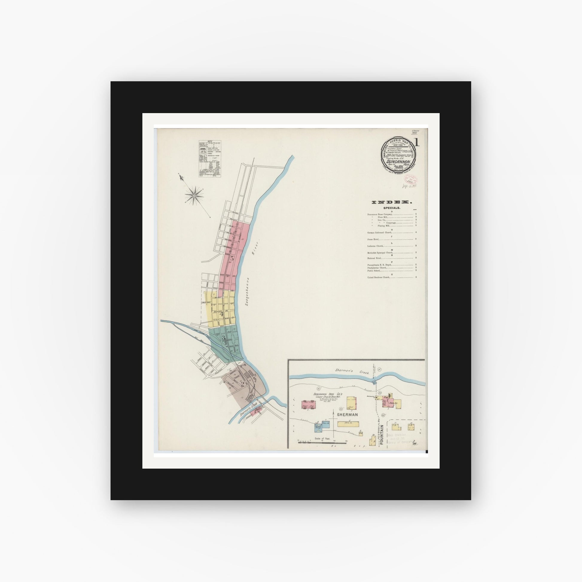 Old map wall art mockup — black gallery frame with white mat — Sanborn Fire Insurance Map from Duncannon, Perry County, Pennsylvania (1894) - Complete Map Set