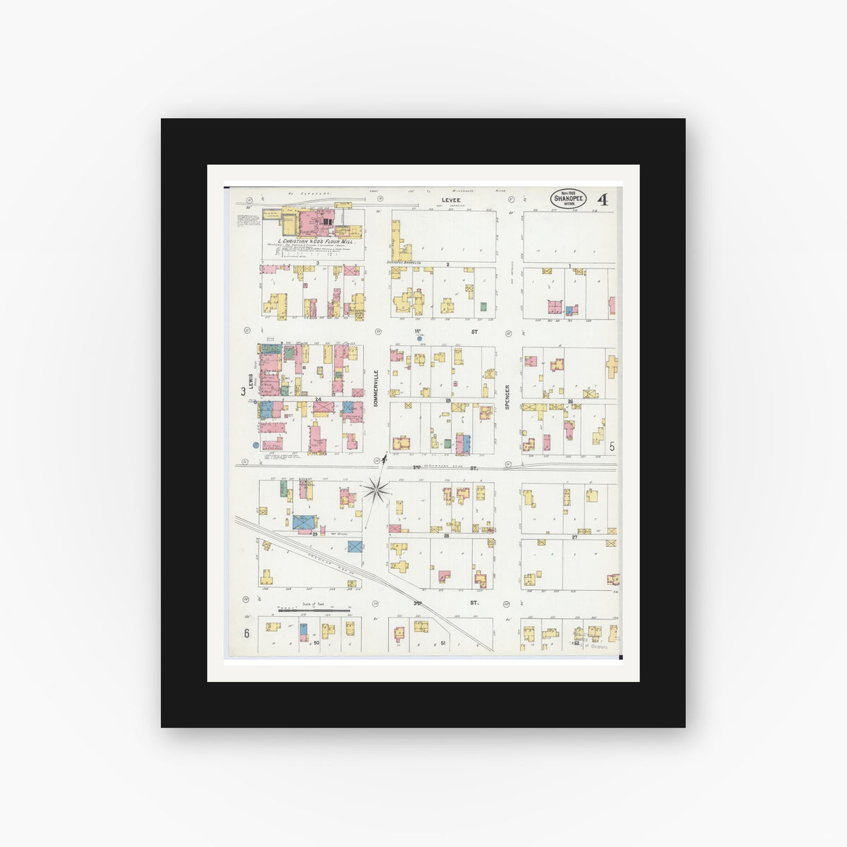 Old map wall art mockup — black gallery frame with white mat — Sanborn Fire Insurance Map from Shakopee, Scott County, Minnesota (1902), Sheet #0004