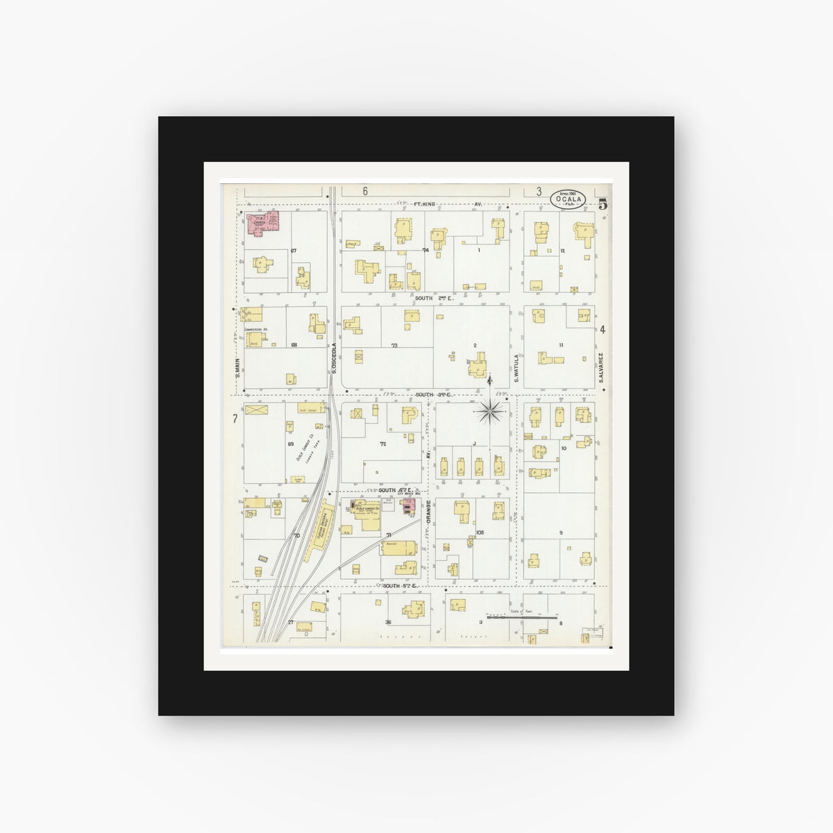 Old map wall art mockup — black gallery frame with white mat — Sanborn Fire Insurance Map from Ocala, Marion County, Florida (1901), Sheet #0005