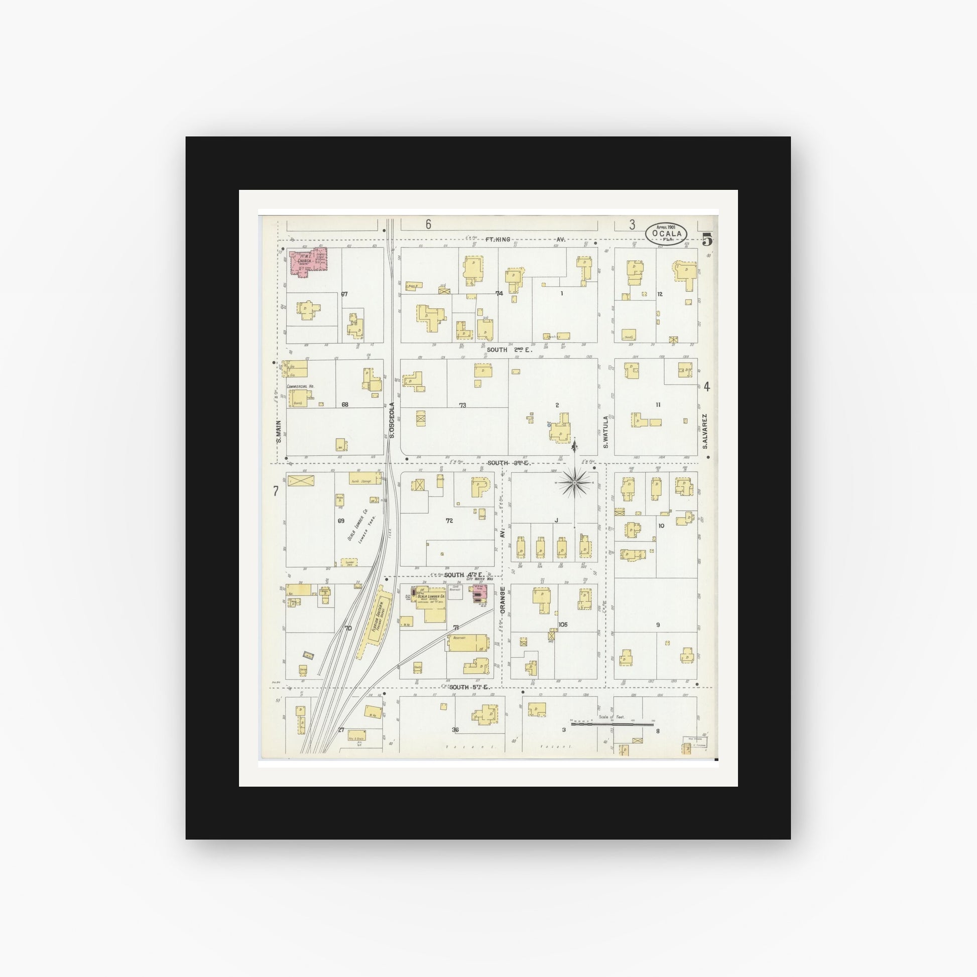 Old map wall art mockup — black gallery frame with white mat — Sanborn Fire Insurance Map from Ocala, Marion County, Florida (1901), Sheet #0005