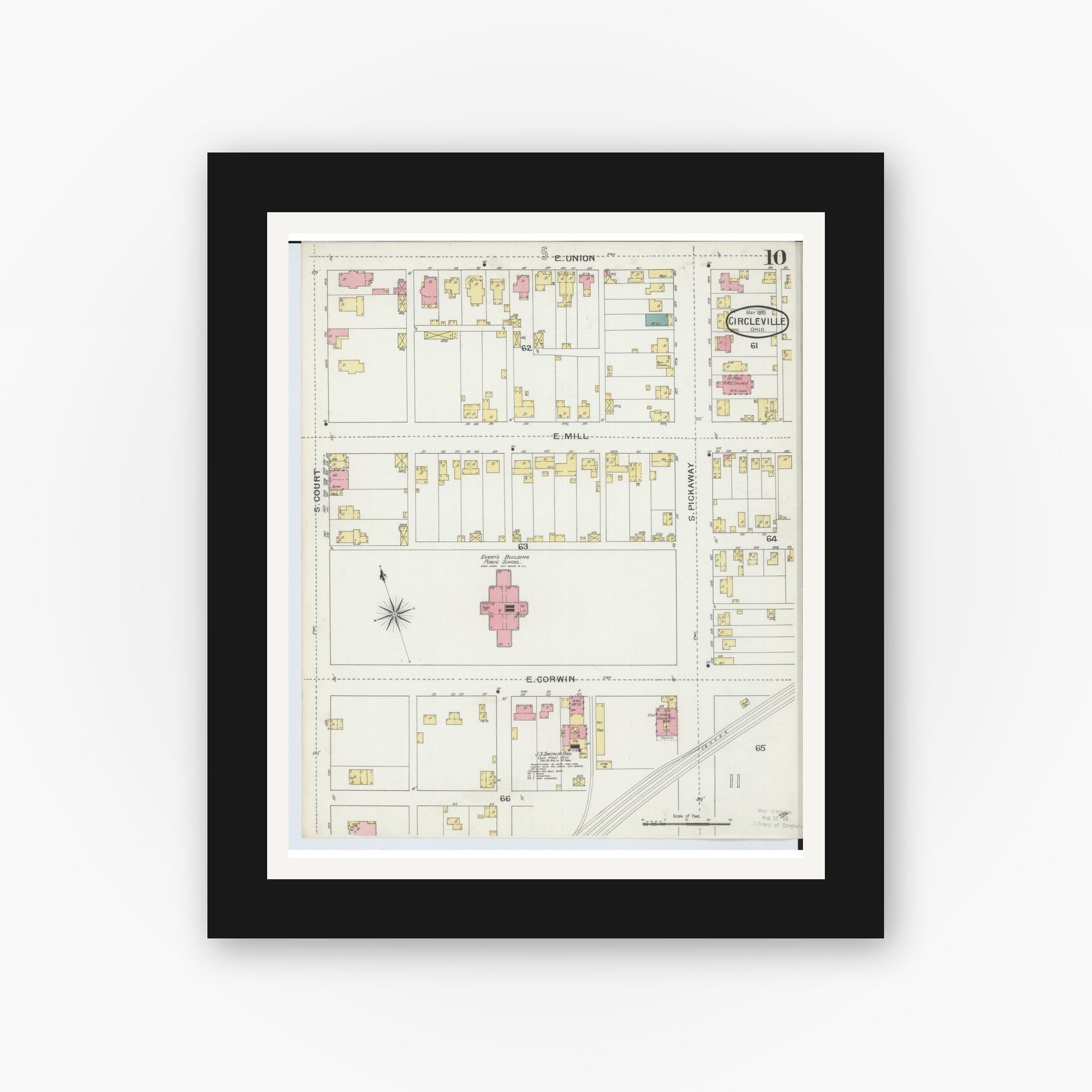 Old map wall art mockup — black gallery frame with white mat — Sanborn Fire Insurance Map from Circleville, Pickaway County, Ohio (1893), Sheet #0010