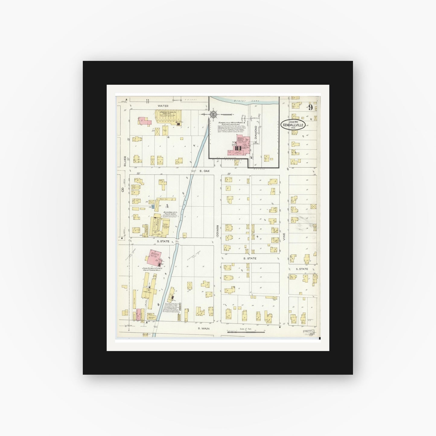 Old map wall art mockup — black gallery frame with white mat — Sanborn Fire Insurance Map from Kendallville, Noble County, Indiana (1914), Sheet #0009