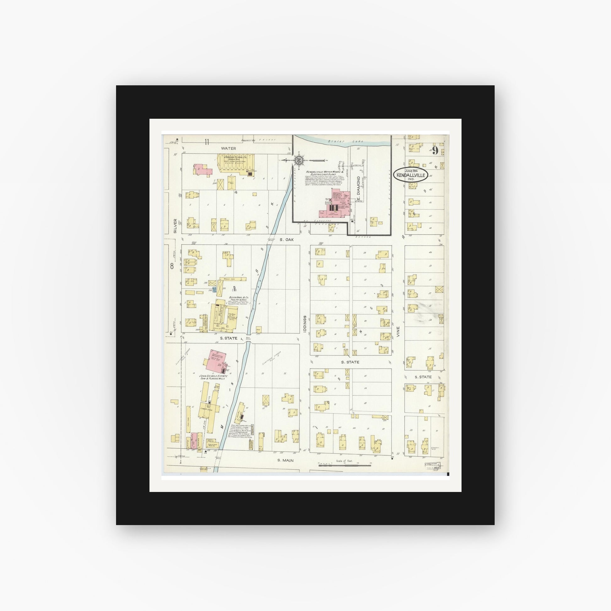 Old map wall art mockup — black gallery frame with white mat — Sanborn Fire Insurance Map from Kendallville, Noble County, Indiana (1914), Sheet #0009