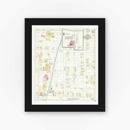 Old map wall art mockup — black gallery frame with white mat — Sanborn Fire Insurance Map from Kendallville, Noble County, Indiana (1914), Sheet #0009