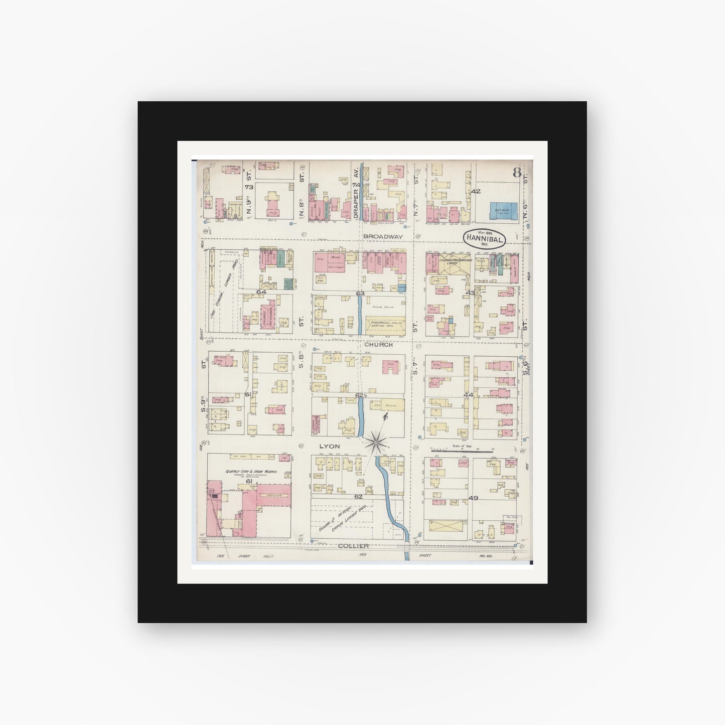 Old map wall art mockup — black gallery frame with white mat — Sanborn Fire Insurance Map from Hannibal, Marion County, Missouri (1885), Sheet #0008