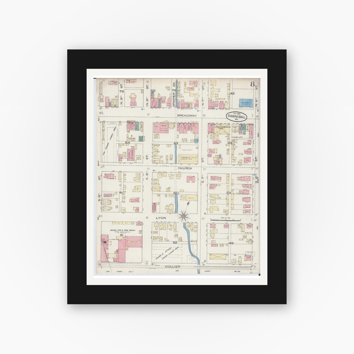 Old map wall art mockup — black gallery frame with white mat — Sanborn Fire Insurance Map from Hannibal, Marion County, Missouri (1885), Sheet #0008